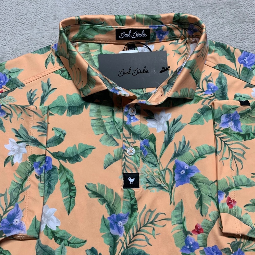 NWT Bad Birdie Golf Polo Shirt Mens M Flora Fiesta Hawaiian Floral‎ Golfer Peach